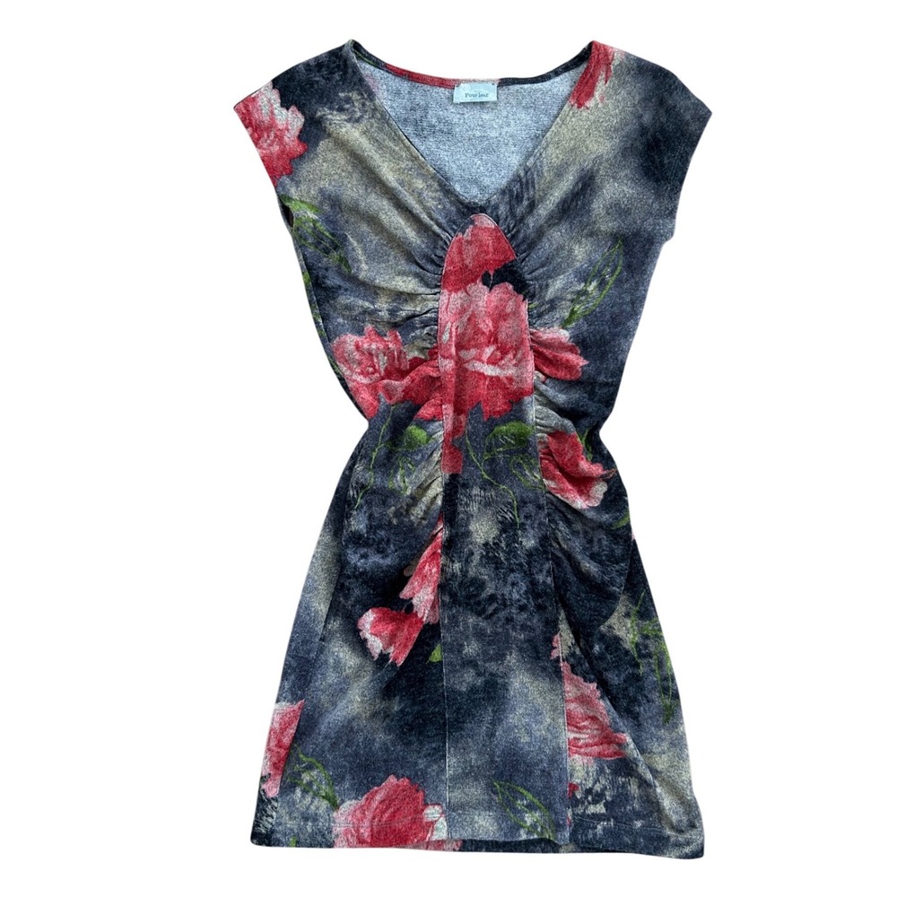 Vtg Knit‎ Romantic Rose Floral Ruched V-Neck Mini Dress Small Y2k date night
